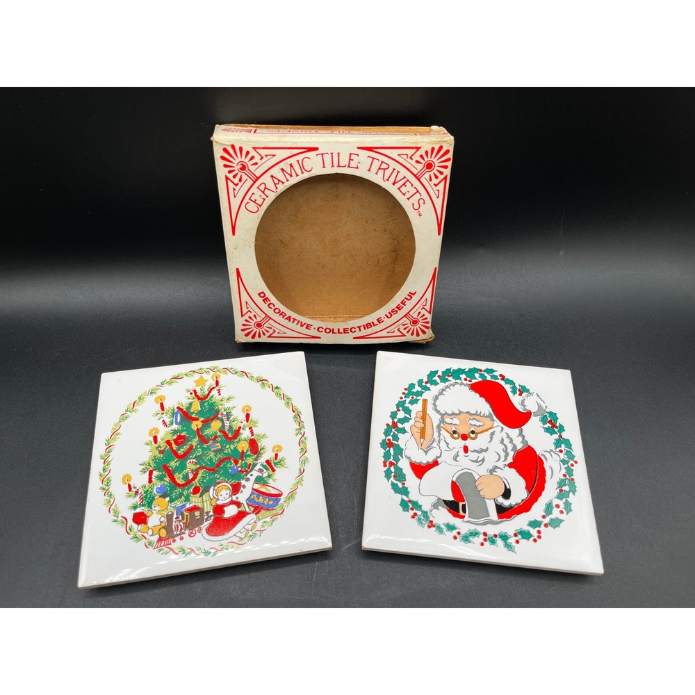 1981 Jasco Ceramic Tile Trivets Christmas Santa Tree Set of 2 With Box Vtg 4x4"